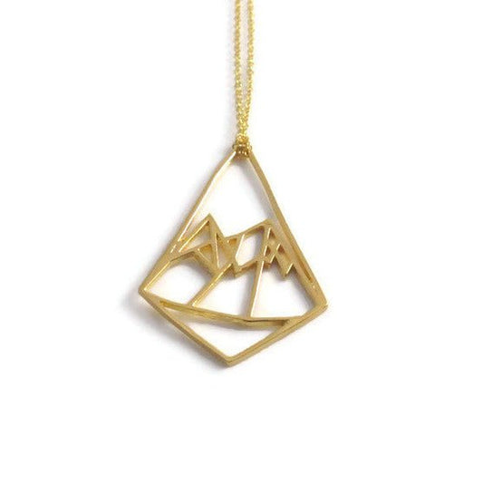 18k yellow gold plated geo mountain design pendant necklace hanging on a white background