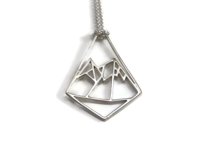 925 sterling silver geo mountain design pendant necklace with white background
