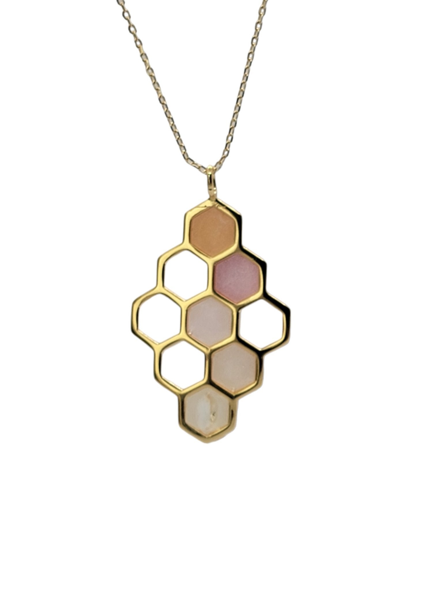 Gold Honeycomb Necklace with Citrine gemstone and Pink and Gold Resins