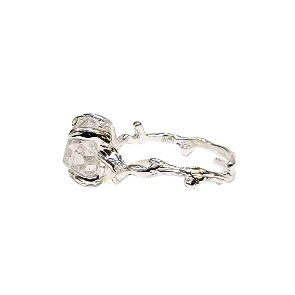Silver branch ring with raw herkimer Diamond Quartz gemstone left side view