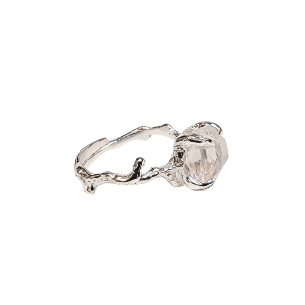 Silver branch ring with raw herkimer Diamond Quartz gemstone side view