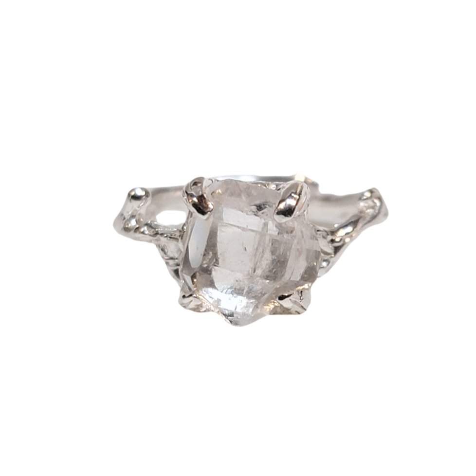 Silver branch ring with raw herkimer Diamond Quartz gemstone