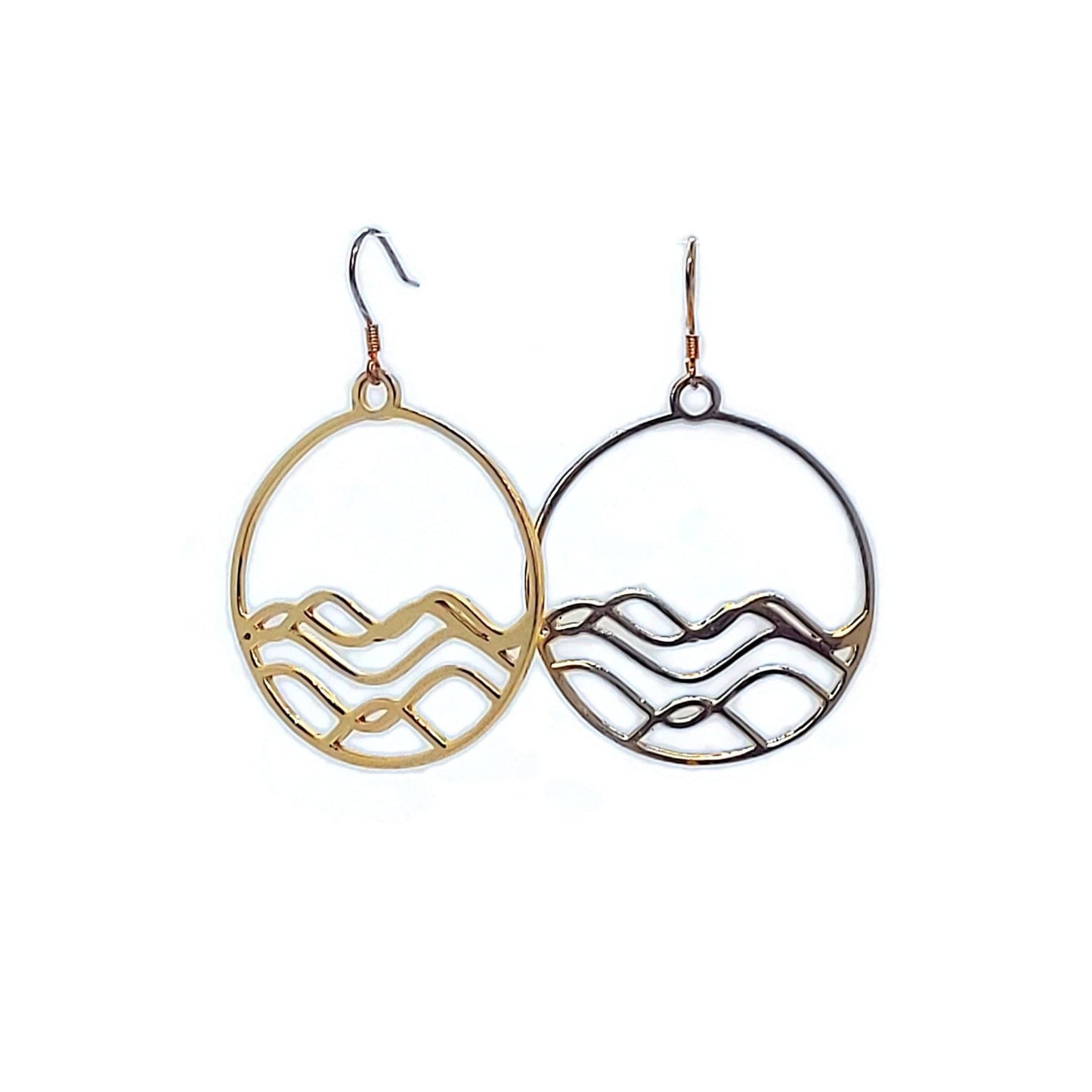 circle earrings, ocean jewelry, 18k plated yellow gold dangly earrings. Circles with waves in half the circle
