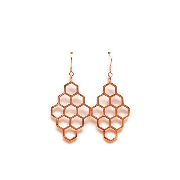 Rose gold plated silver diamond drop earrings with honey comb pattern on white background