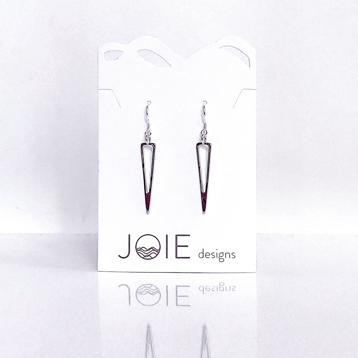 925 sterling silver icicle triangle design earrings showcased on a jewellery card - 1