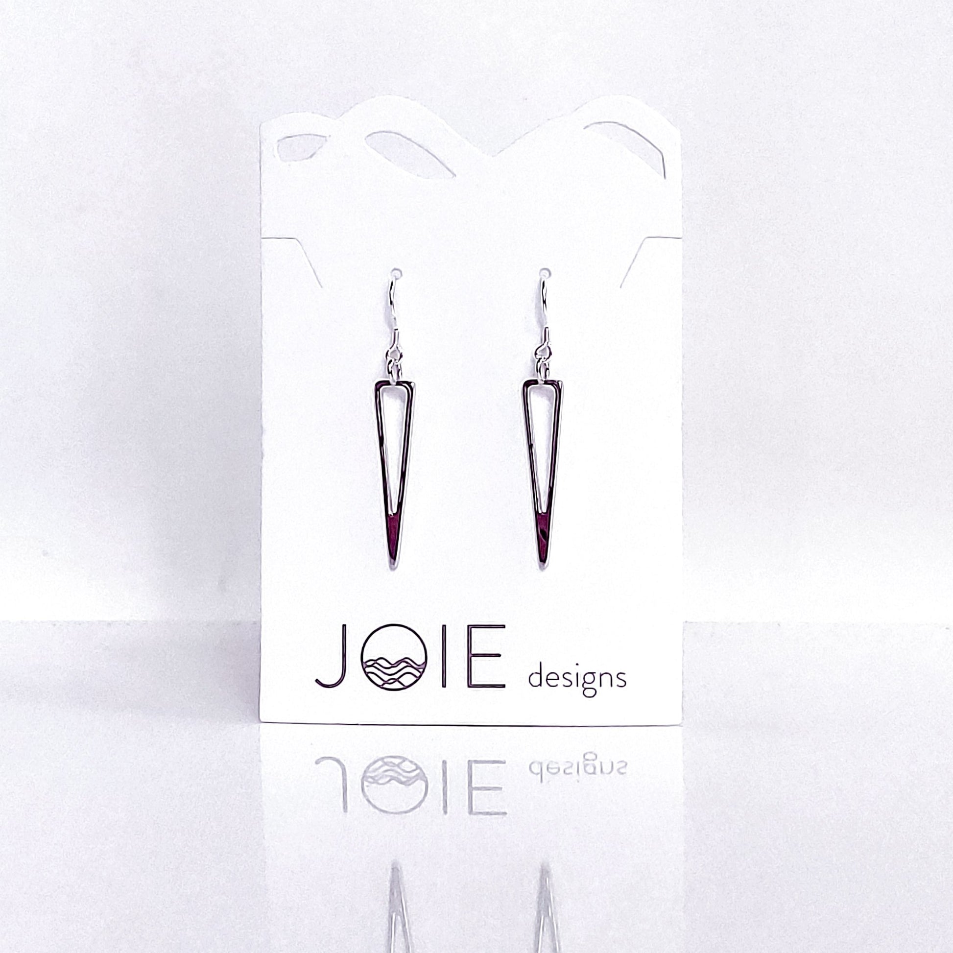 925 sterling silver icicle triangle design earrings showcased on a jewellery card - 1