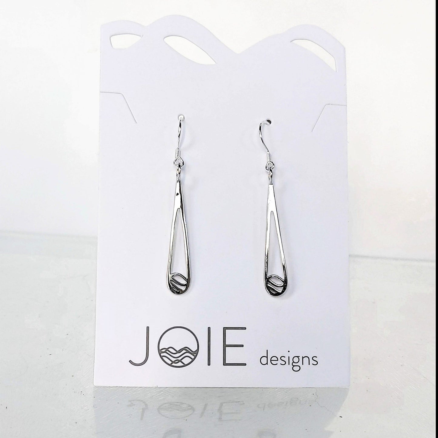 925 sterling silver Indra raindrop design earrings showcased on a jewellery card - 1