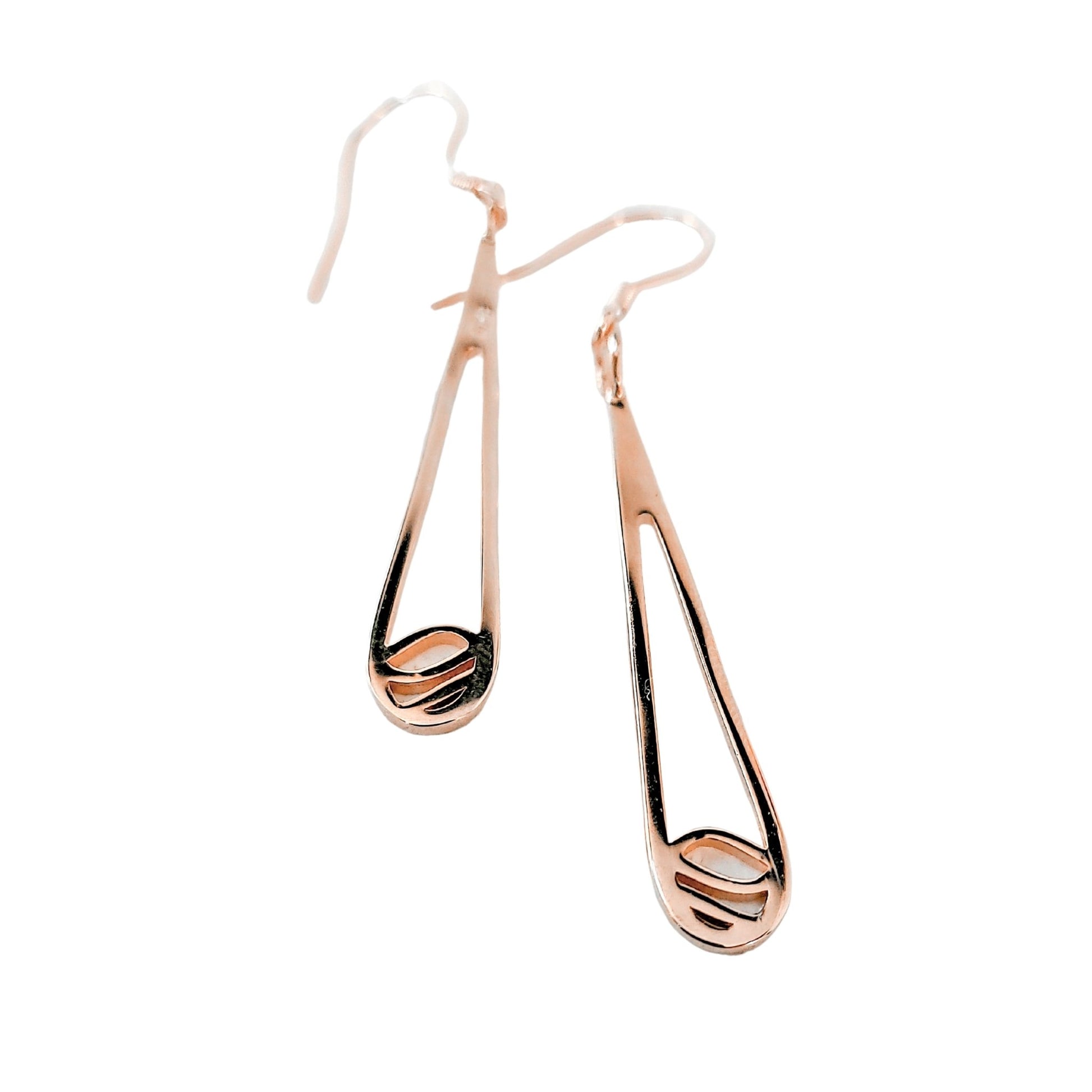 18k rose gold plated indra raindrop design earrings with white background