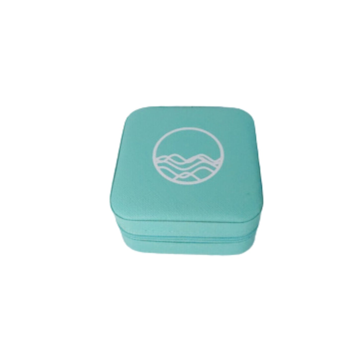 Turquoise vegan leather square travel case for jewelry with zipper on white background