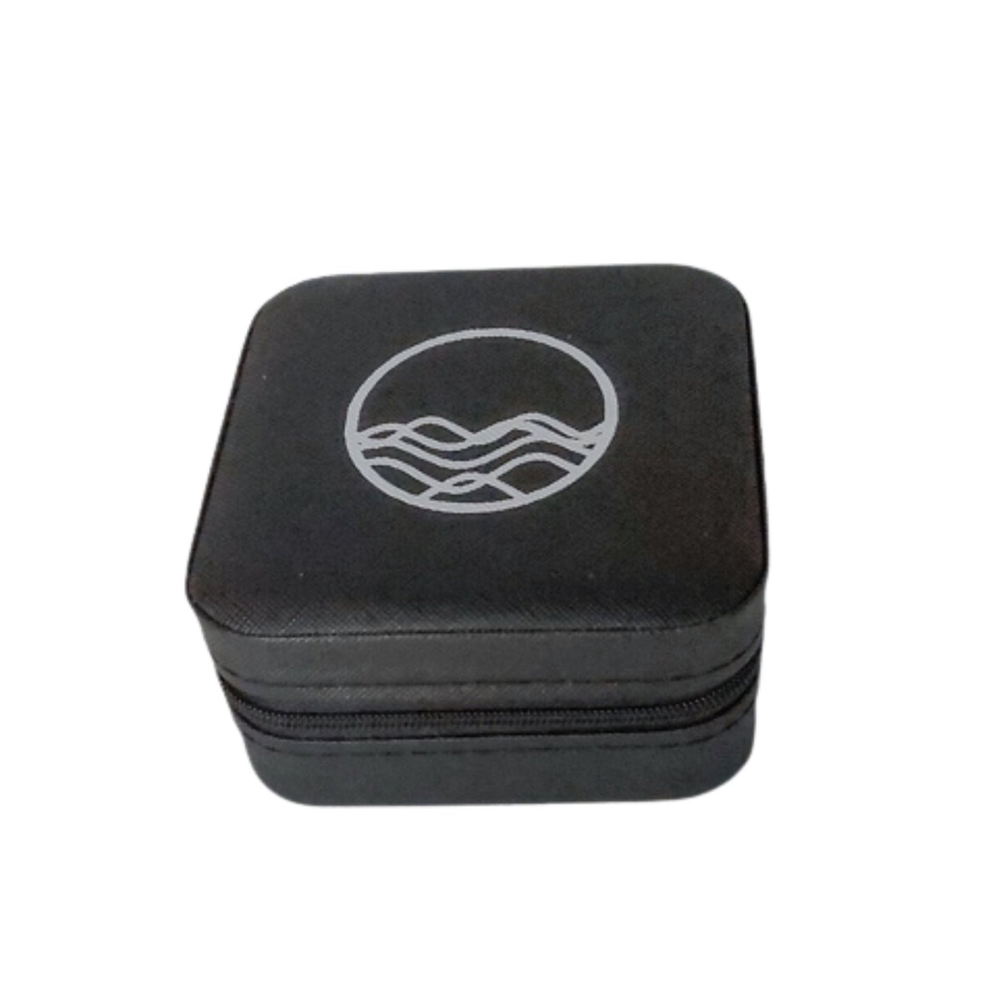 Black vegan leather square travel case for jewelry with zipper on white background