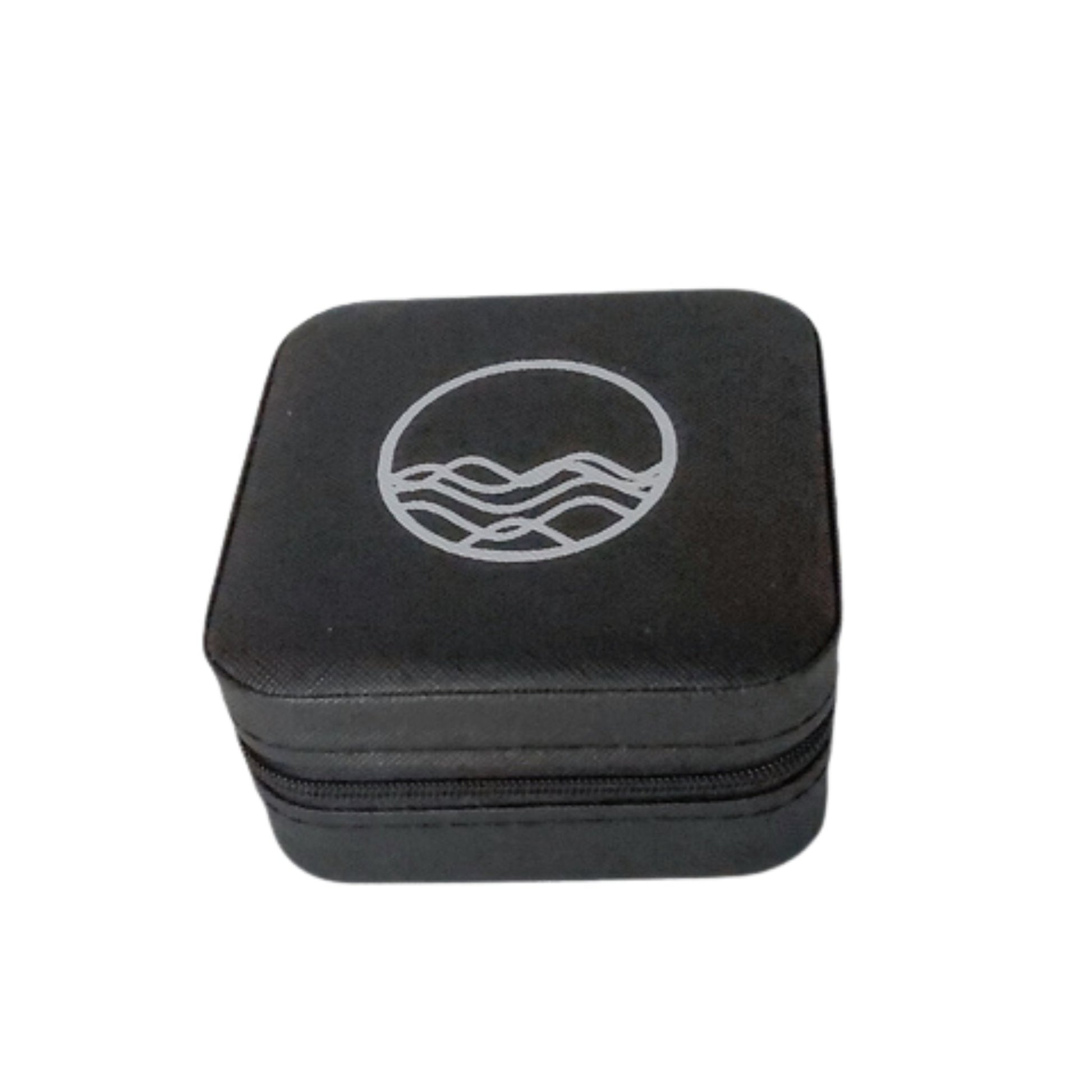 Black vegan leather square travel case for jewelry with zipper on white background