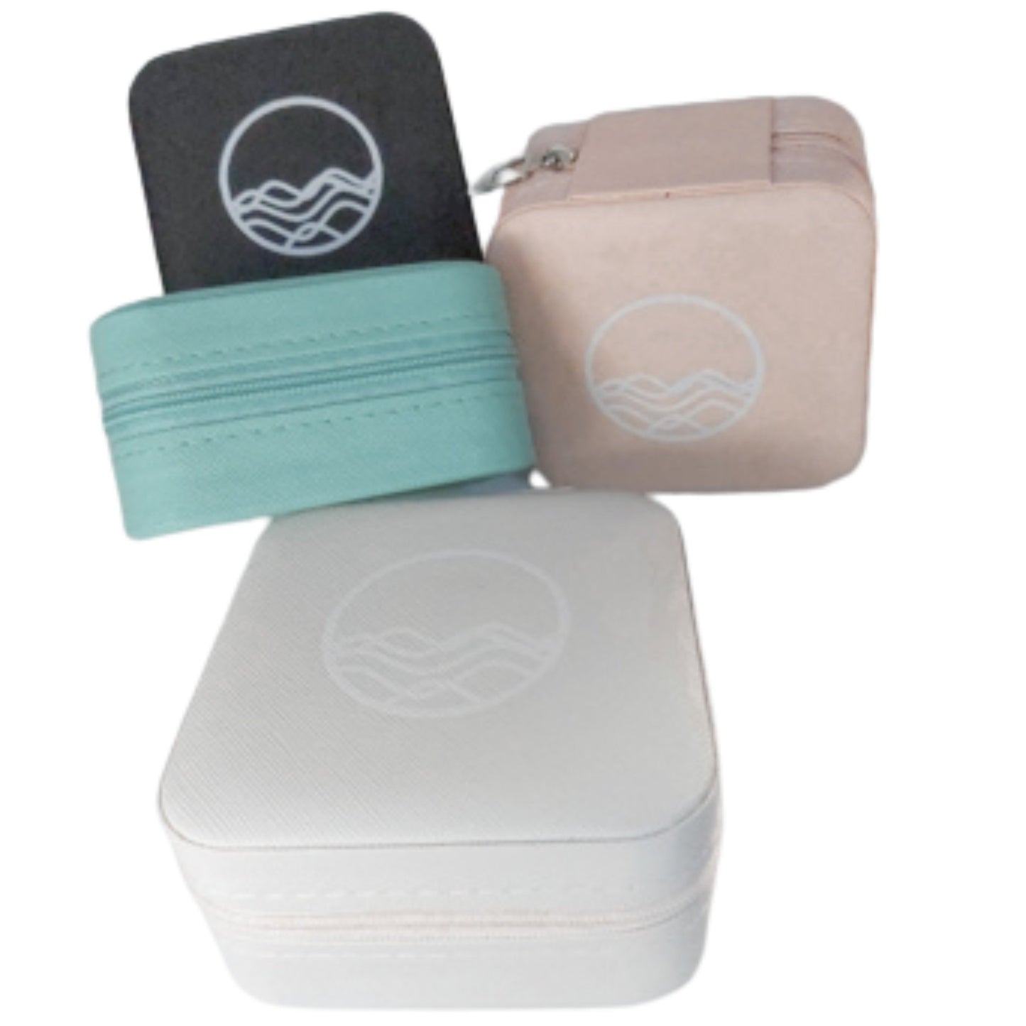 Vegan leather square travel cases for jewelry shown in four colors: beige, turquoise, pink and black -3