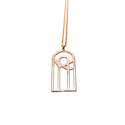 18k gold plated silver double arches with water design on cable chain necklace on white background