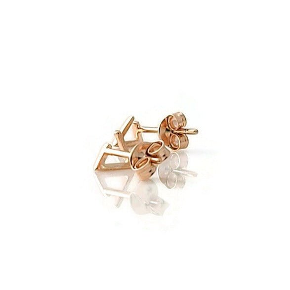 18k rose gold plated Kimberly mountain triangle design stud earrings side view on white background