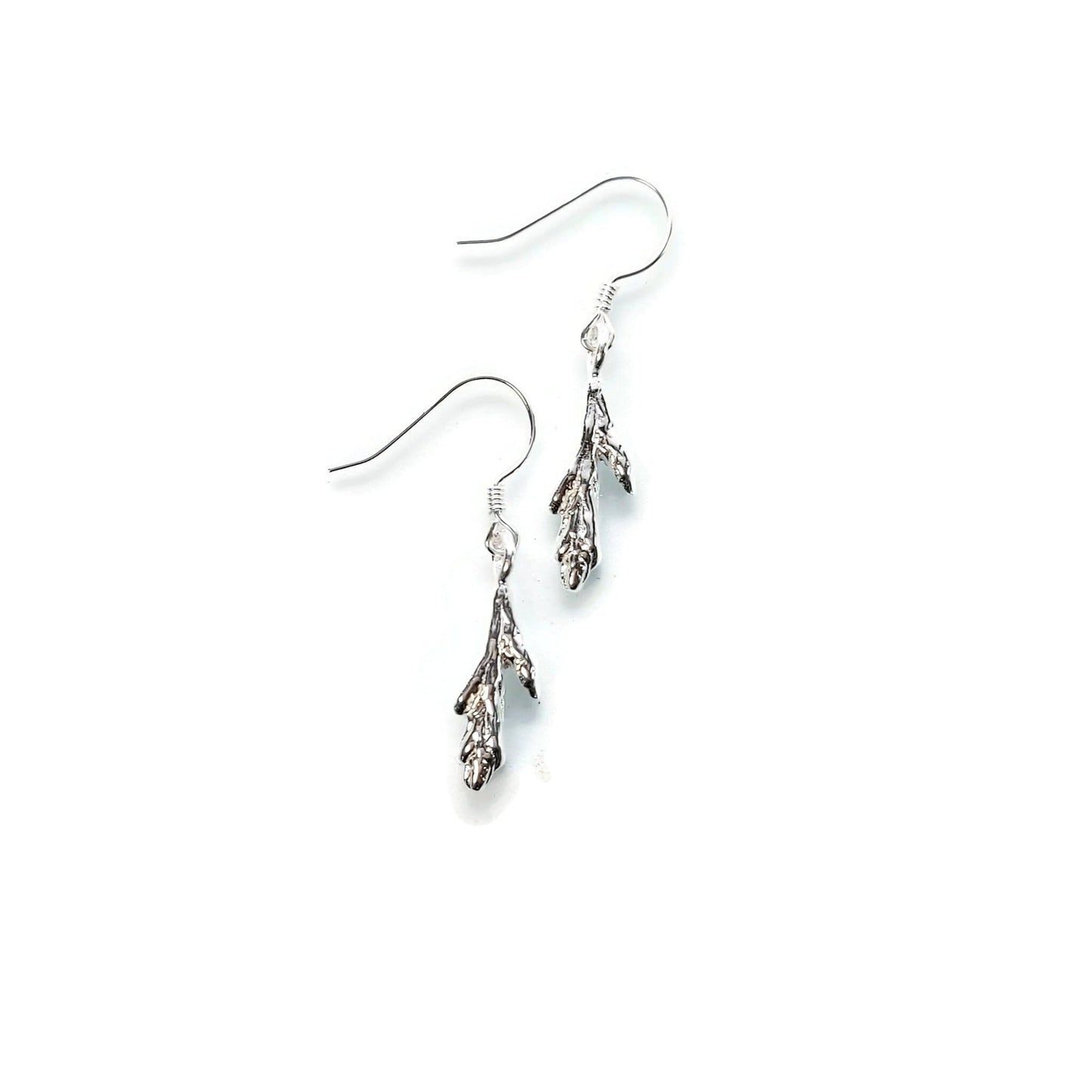 925 sterling silver little cedar leaf design earrings closeup on white background