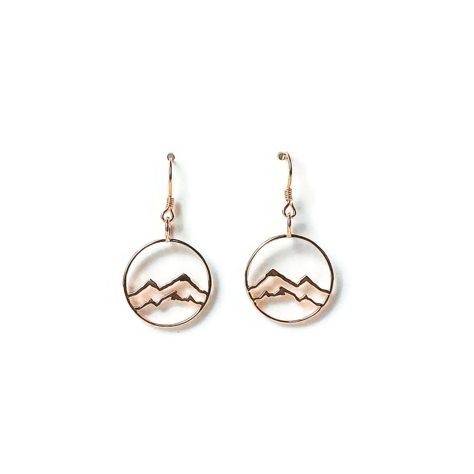 18k rose gold plated little coast mountain circle earrings on white background