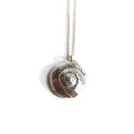 Sterling Silver Luna snail seashell necklace with a white background, ocean jewelry