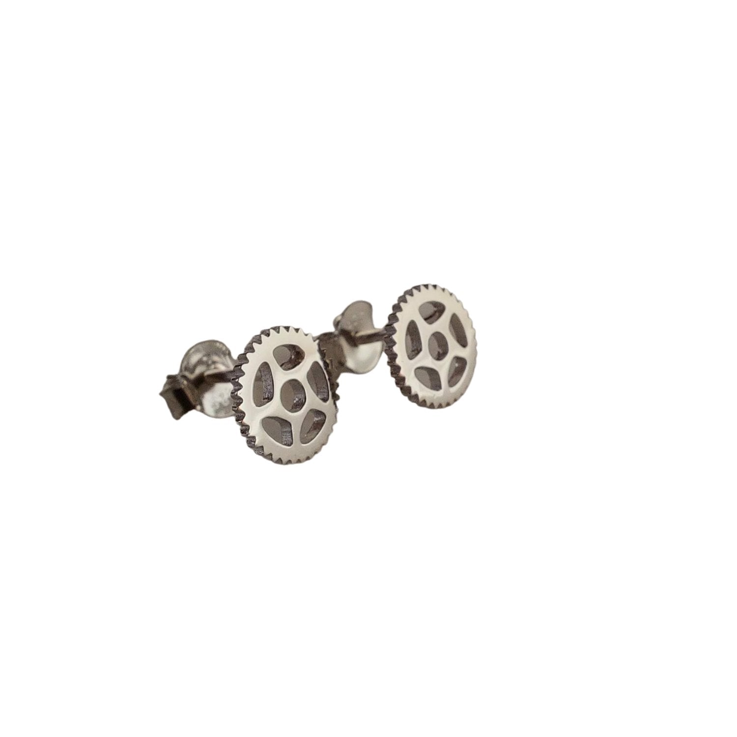 Rhodium Plated sterling silver bike chain ring stud earrings with white background