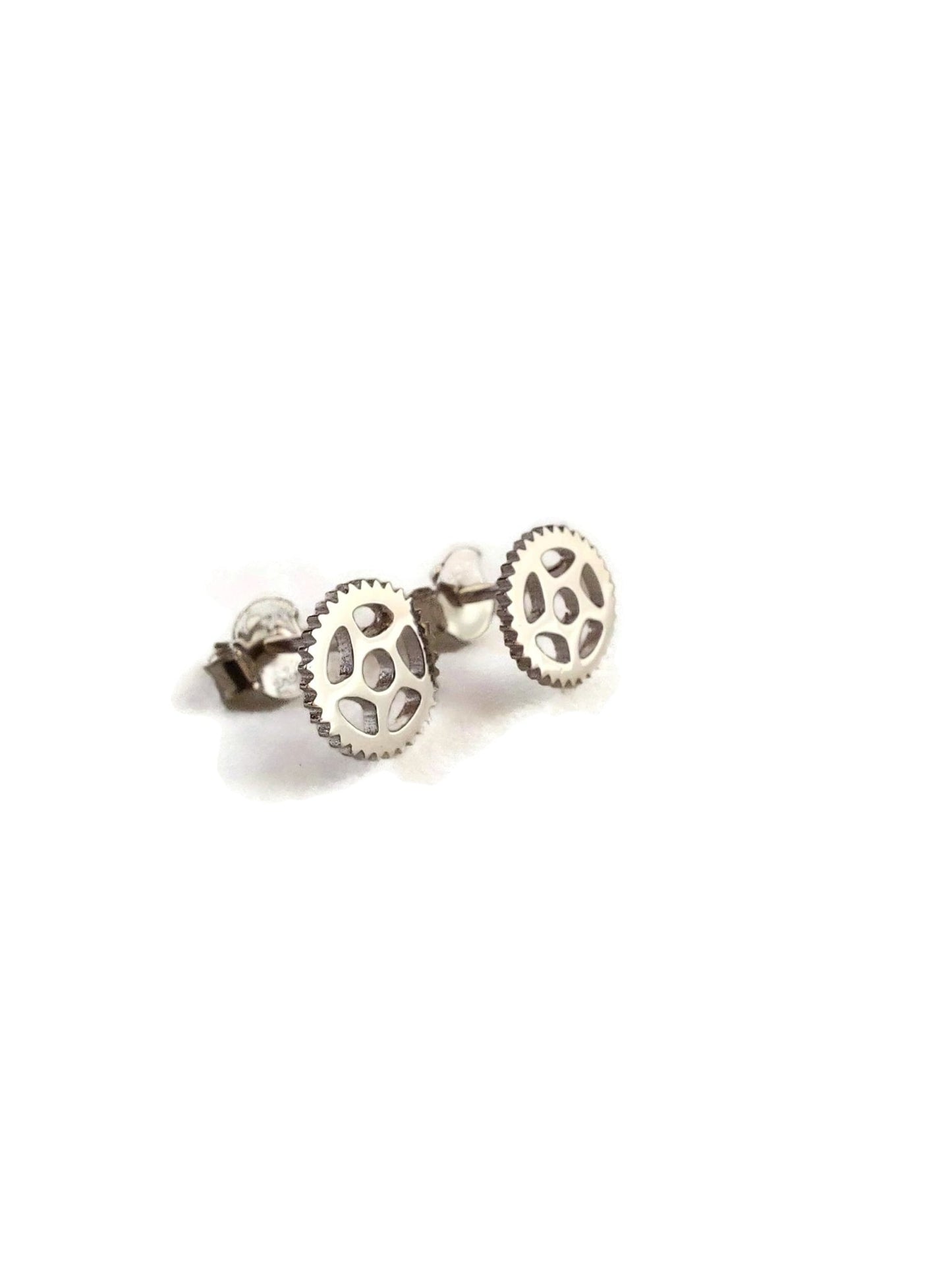 Rhodium Plated sterling silver bike chain ring sprocket stud earrings with white background