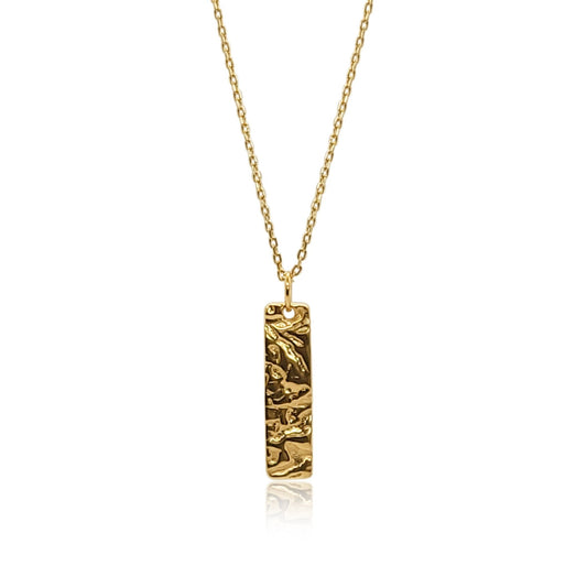 gold vermeil natural driftwood textured minimalist rectangle pendant necklace on matching silver chain necklace