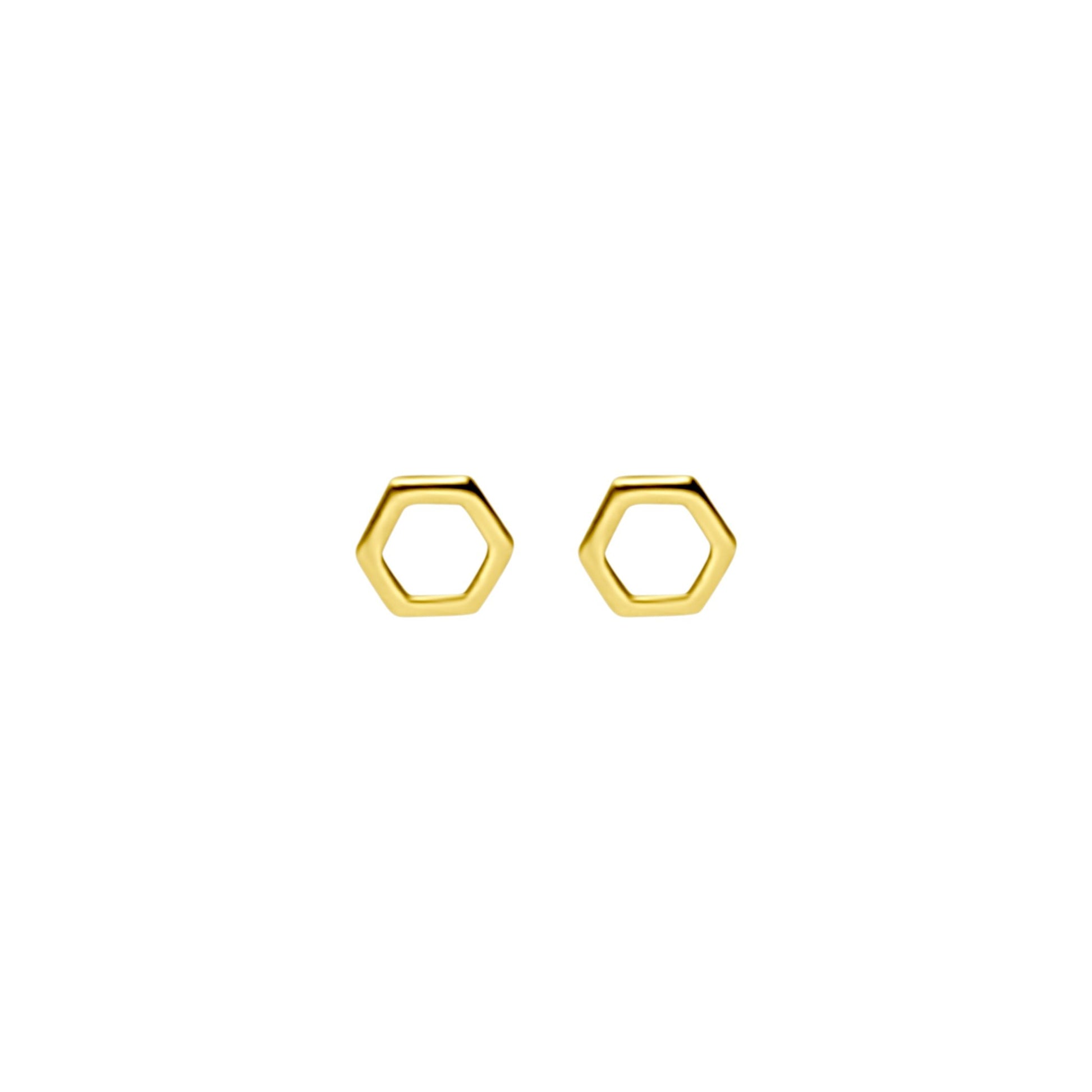 front angle of gold sterling silver  little hexagon stud earrings
