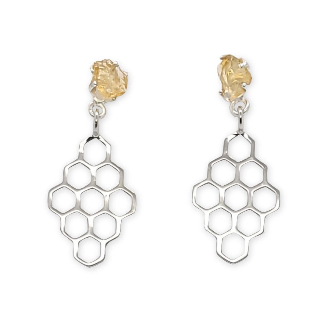 sterling silver honey dangle earrings with raw citrine gemstones
