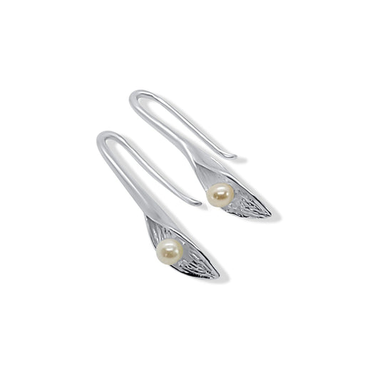 silver cala Lily freshwater pearl drop earrings