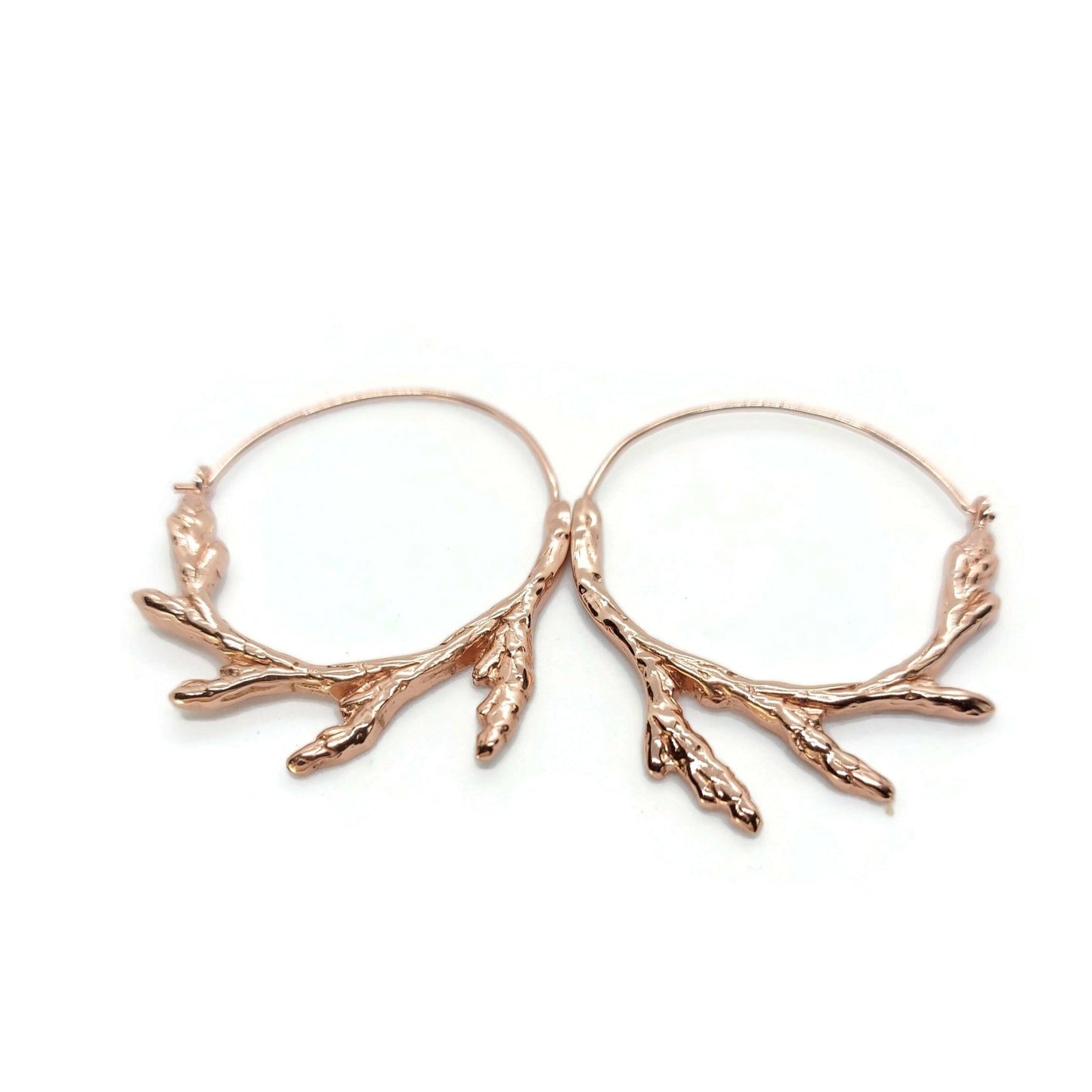 18k rose gold plated Sacred Circle Cedar Hoop Earrings on a white background, circle earrings, nature jewelry