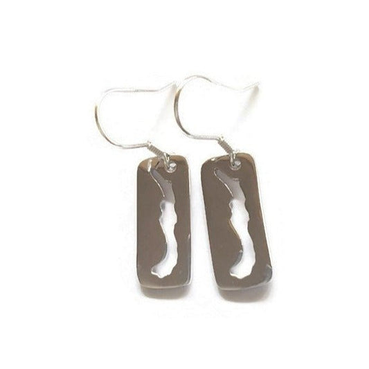 sterling silver rectangular dangle earring with a cut-out of Savary Island on French ear wires