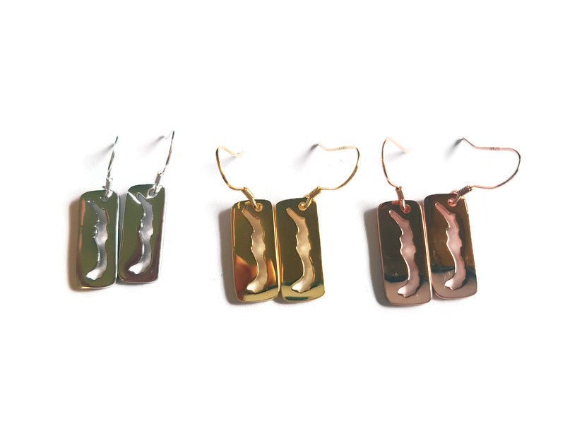 3 pairs of sterling silver and gold plated rectangular dangle earring with a cut-out of Savary Island on French ear wires