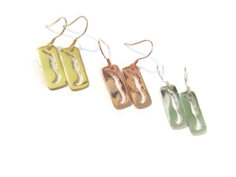sterling silver and gold plated rectangular dangle earring with a cut-out of Savary Island on French ear wires