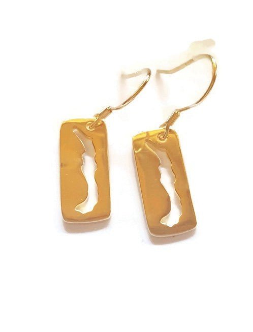 gold plated sterling silver rectangular dangle earring with a cut-out of Savary Island on French ear wires