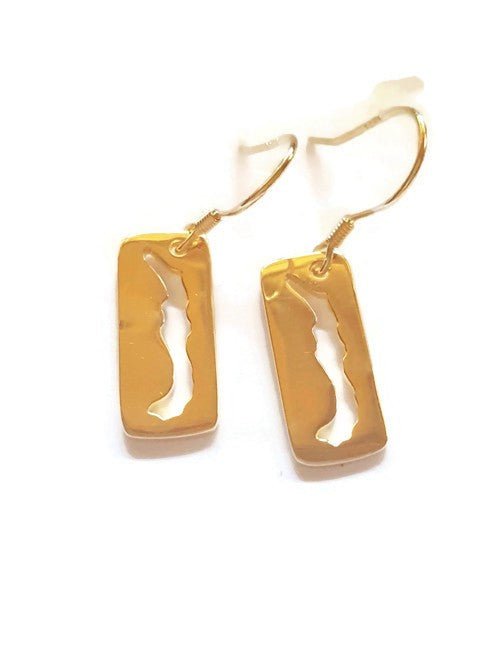 gold plated sterling silver rectangular dangle earring with a cut-out of Savary Island on French ear wires