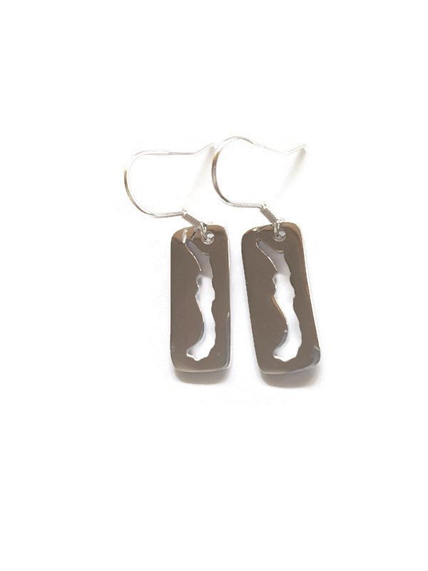 sterling silver rectangular dangle earring with a cut-out of Savary Island on French ear wires on white background