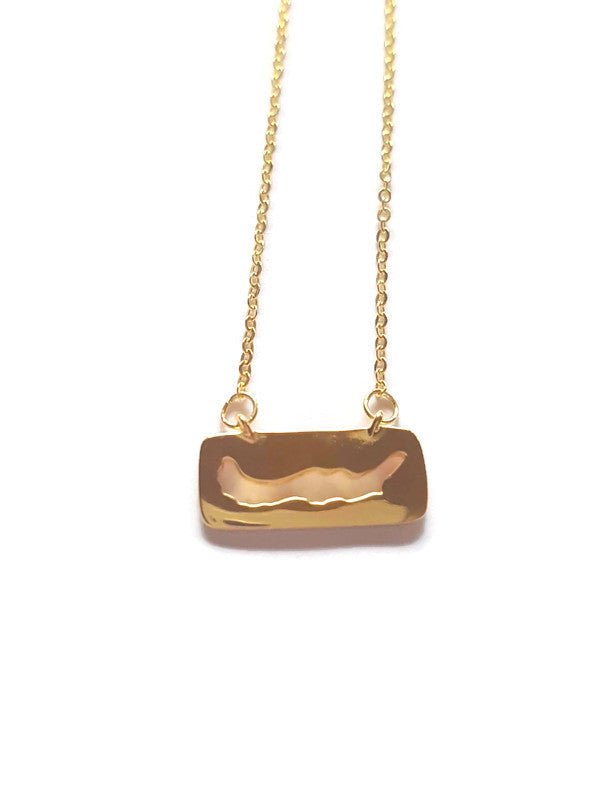 gold plated necklace featuring a cut-out of Savary Island in rectangle pendant charm