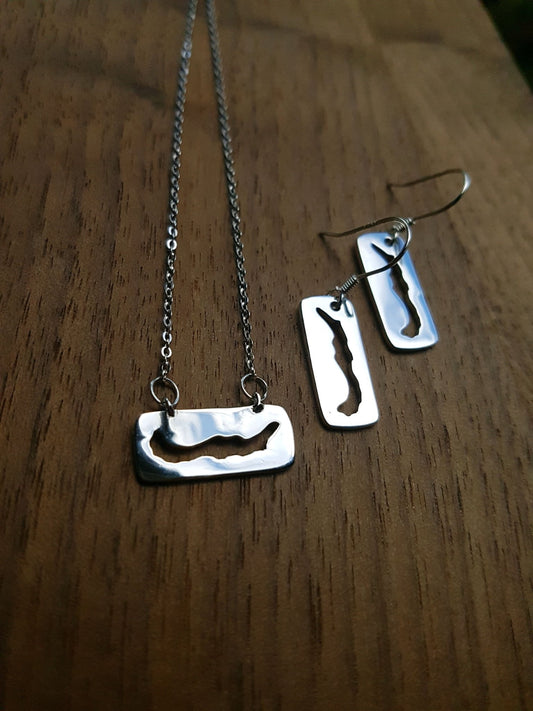 sterling silver necklace and earring set featuring a cut-out of Savary Island in rectangle pendant charm