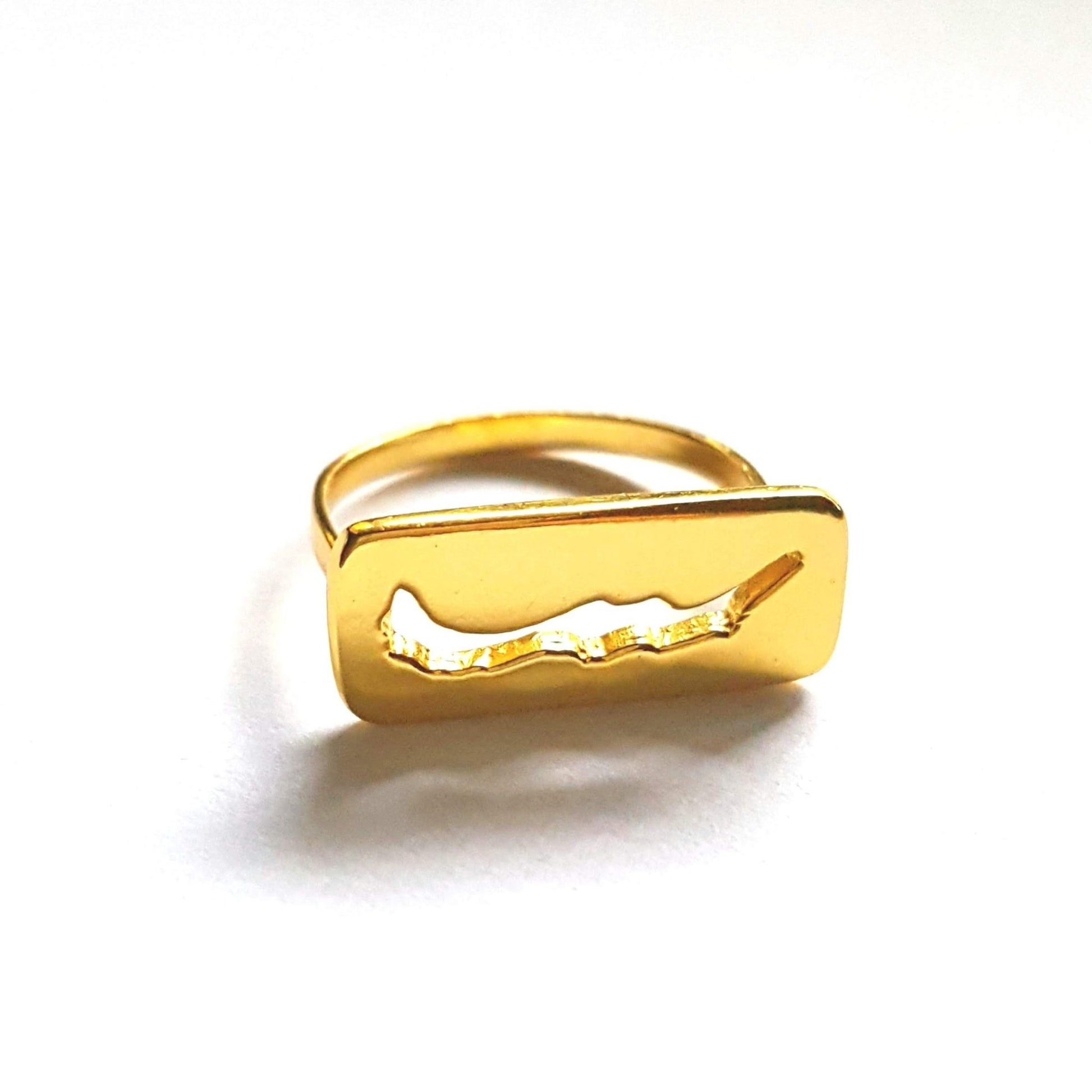 18k plated yellow gold - size 6 Savary island ring with savary island shape cut out of rectangle
