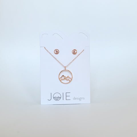 rose gold little coastal mountain pendant necklace and Tofino surf wave stud earrings. jewelry bundle