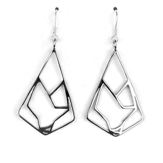 Sterling silver triangle drop earrings with minimalist geometric wolf design