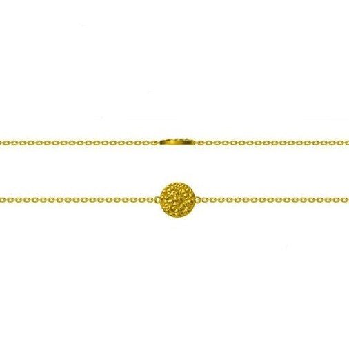 18k yellow gold plated Sol adjustable bracelet with textured circle charm  on white background