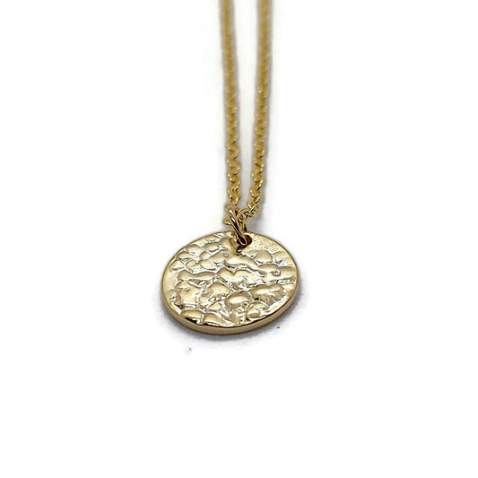 18k yellow gold plated Sol Textured Small Circle Pendant Necklace on white background - 1