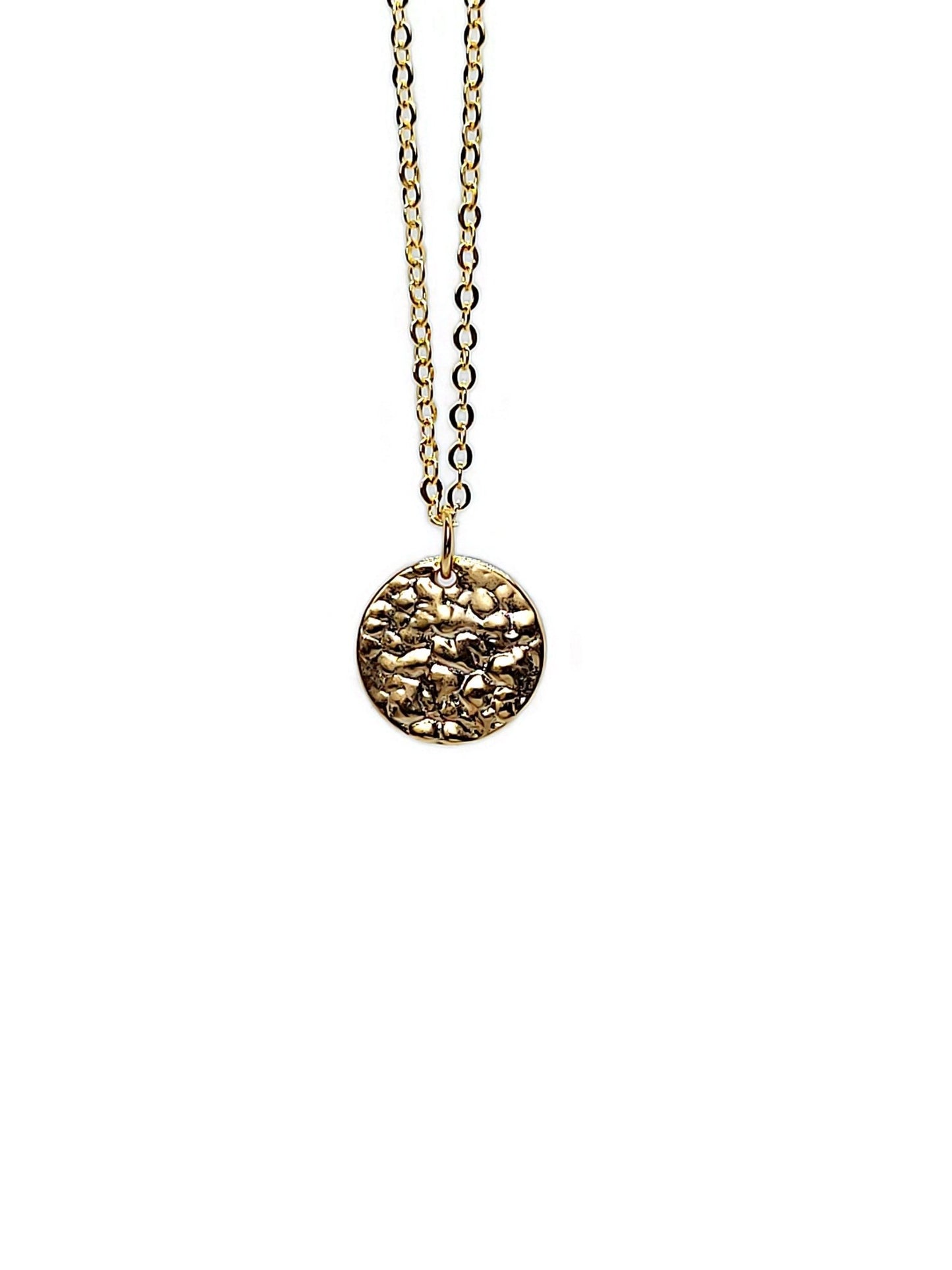 18k yellow gold plated Sol Textured Small Circle Pendant Necklace on white background - 2