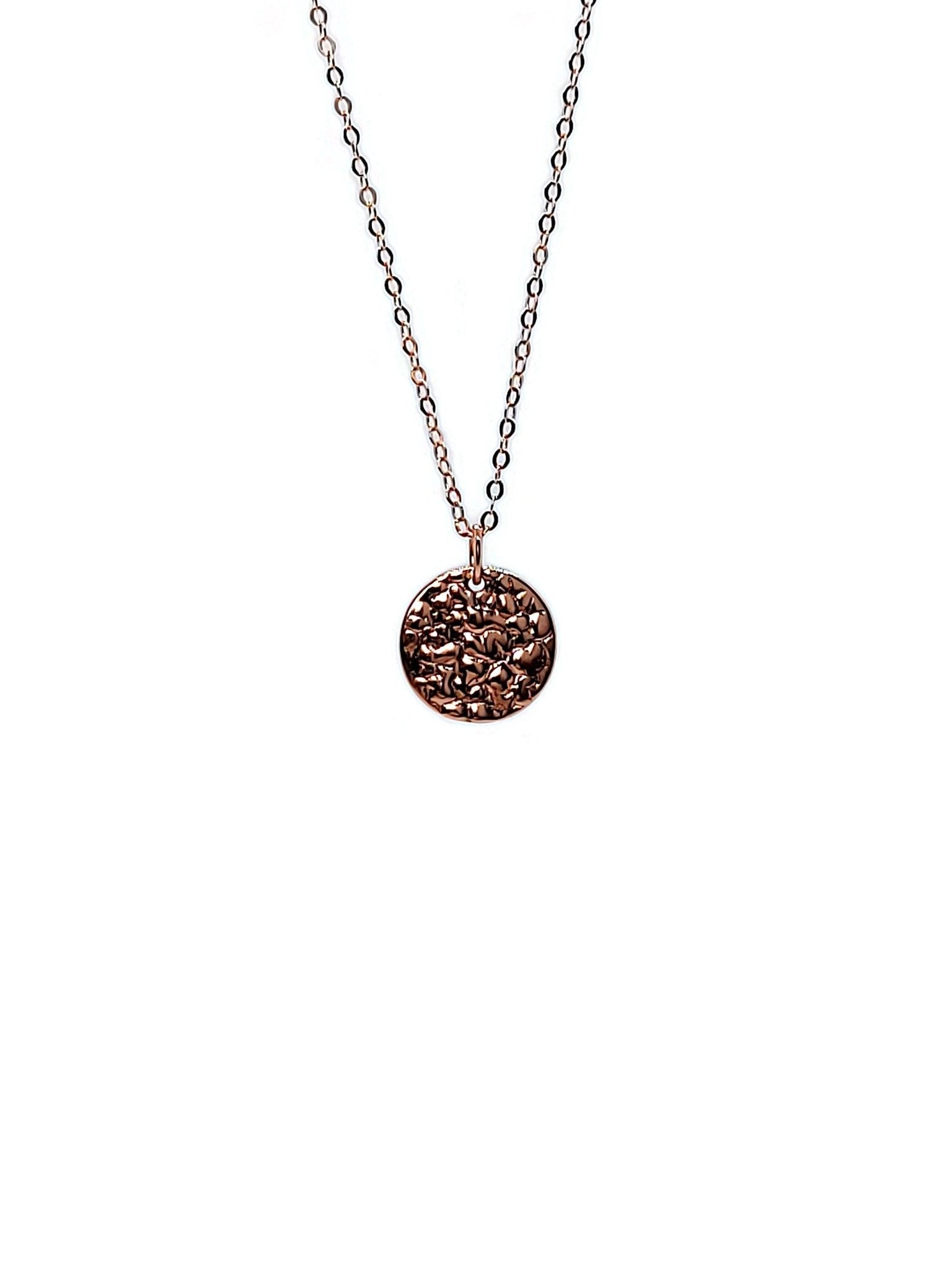 18k rose gold plated Sol Textured Small Circle Pendant Necklace on white background - 3