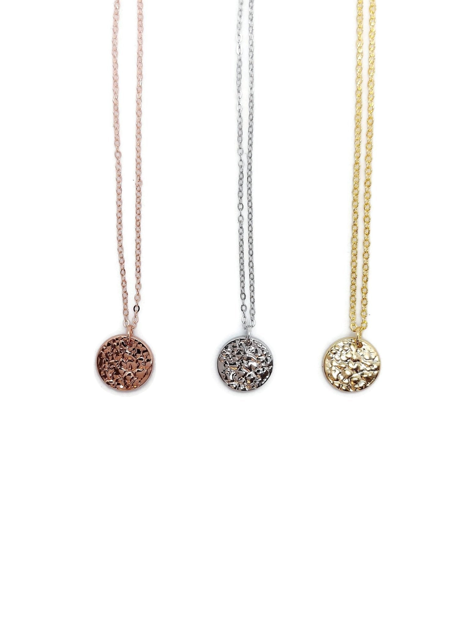 Rose gold, silver, yellow gold Sol Textured Small Circle Pendant Necklaces on white background