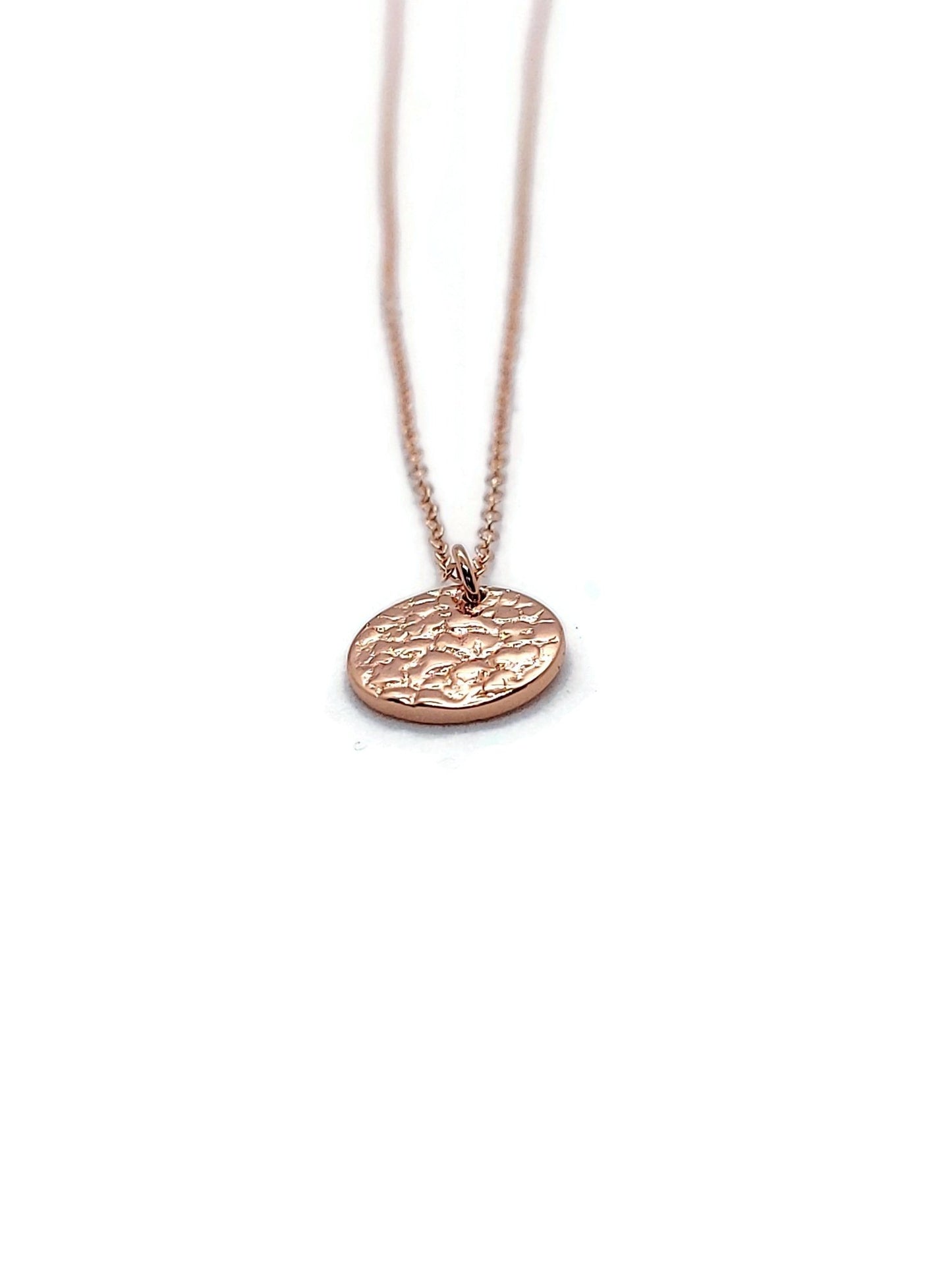18k rose gold Plated  Sol Textured Small Circle Pendant Necklace on white background