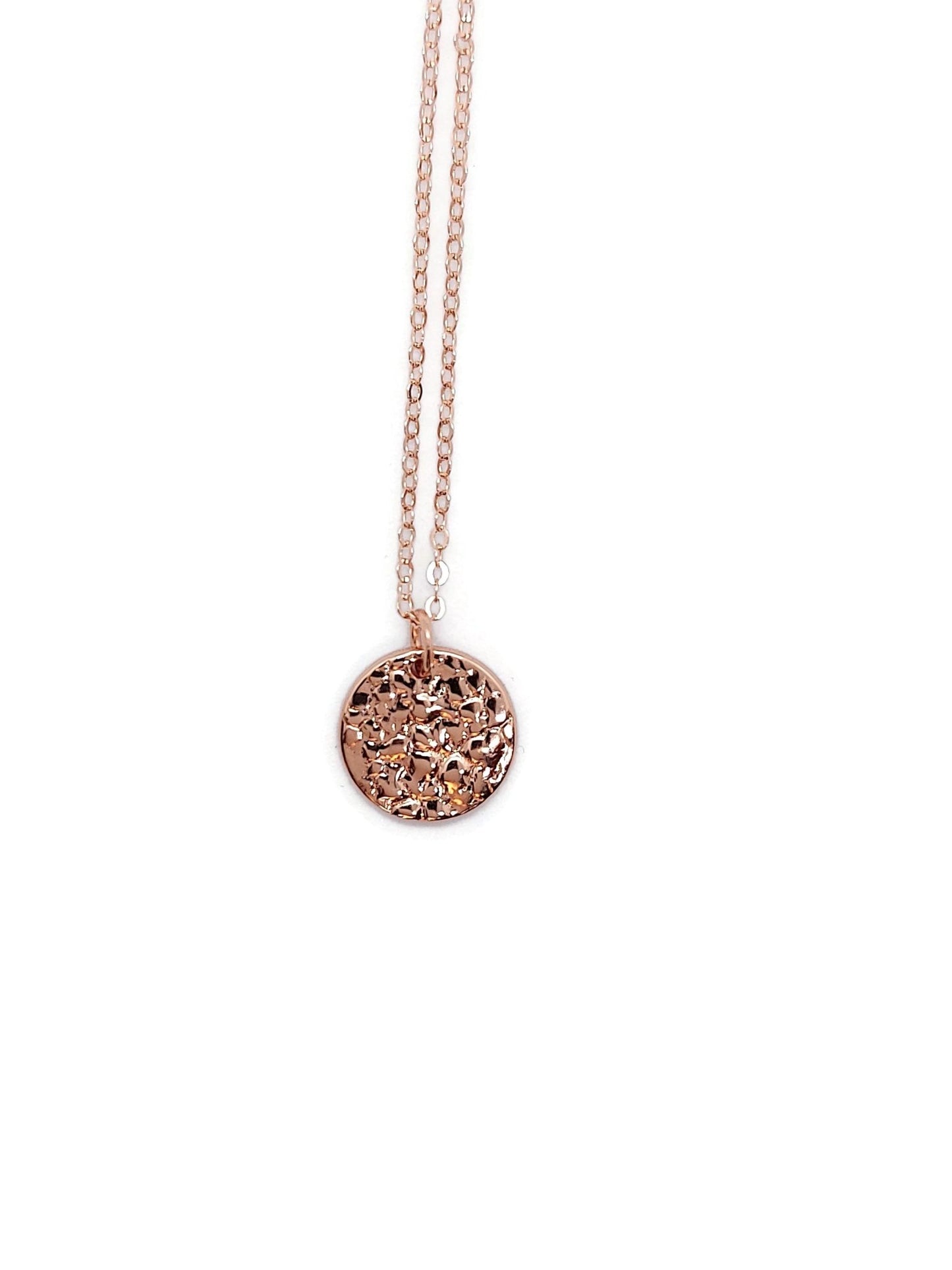 18k rose gold plated Sol Textured Small Circle Pendant Necklace on white background, circle necklace, ocean jewelry