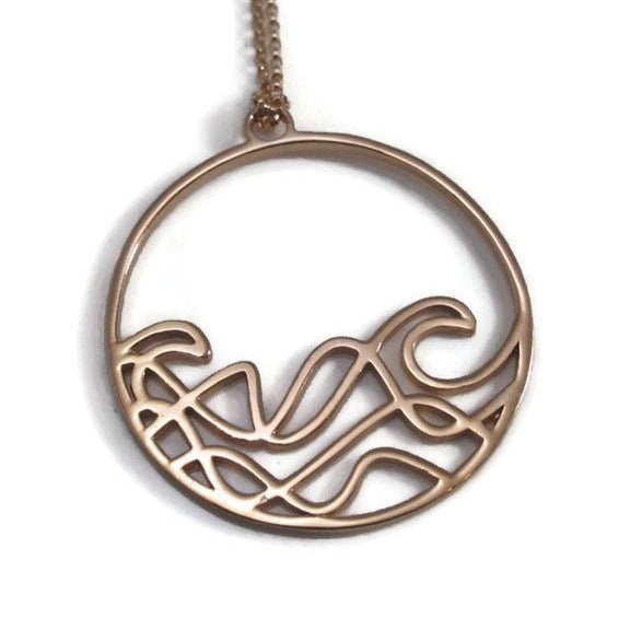 rose gold plated silver round beach wave necklace. surf necklace.