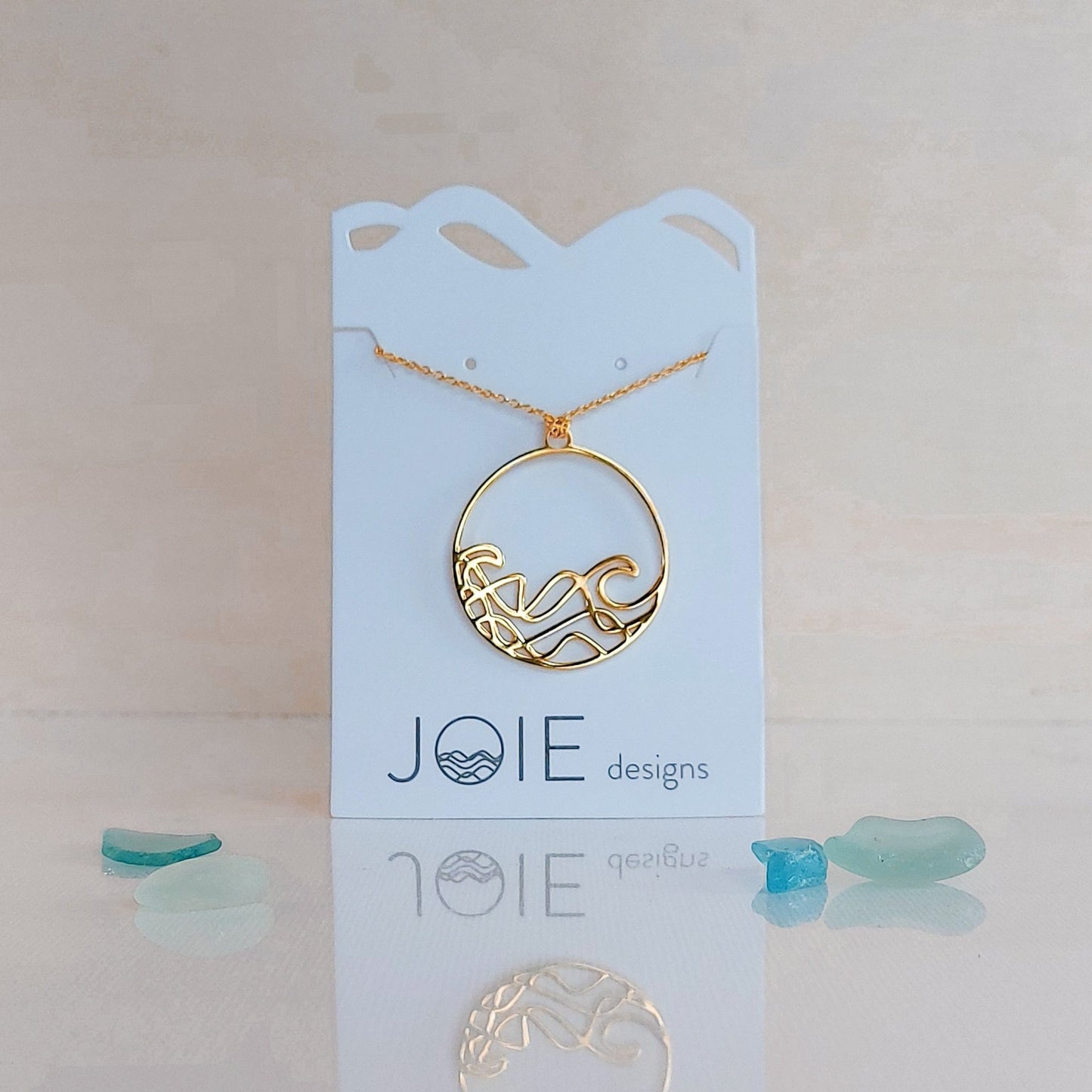 18k plated yellow gold  Sombrio beach  round wave necklace. surf wave pendant on chain necklace.