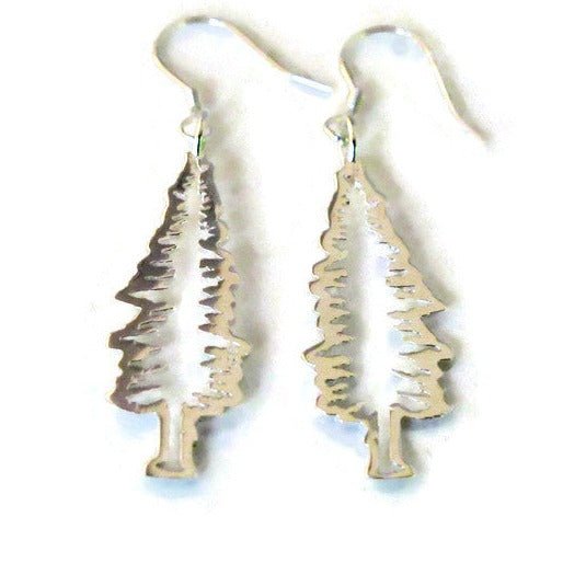 sterling silver fir tree dangle earrings. outline of evergreen tree on french ear wires