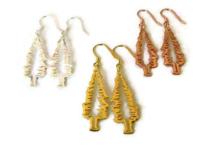 3 pairs of sterling silver fir tree dangle earrings with various gold and rhodium plating. outline of evergreen tree_2
